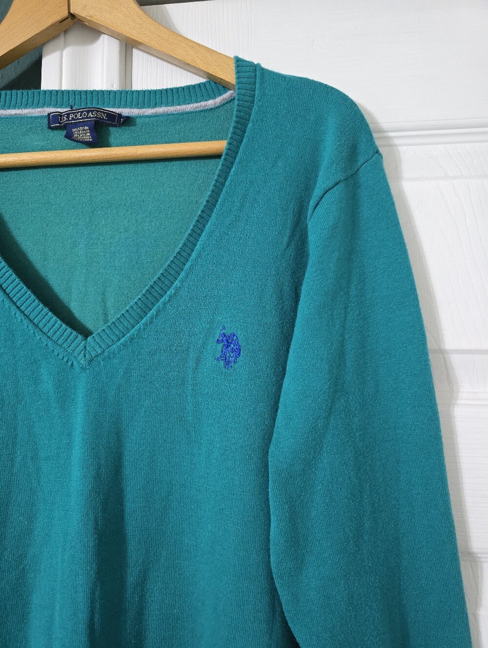 US Polo Assn Teal V Neck Sweater Womens XL Pullover Long Sleeve Preppy Y2K - Picture 3 of 5